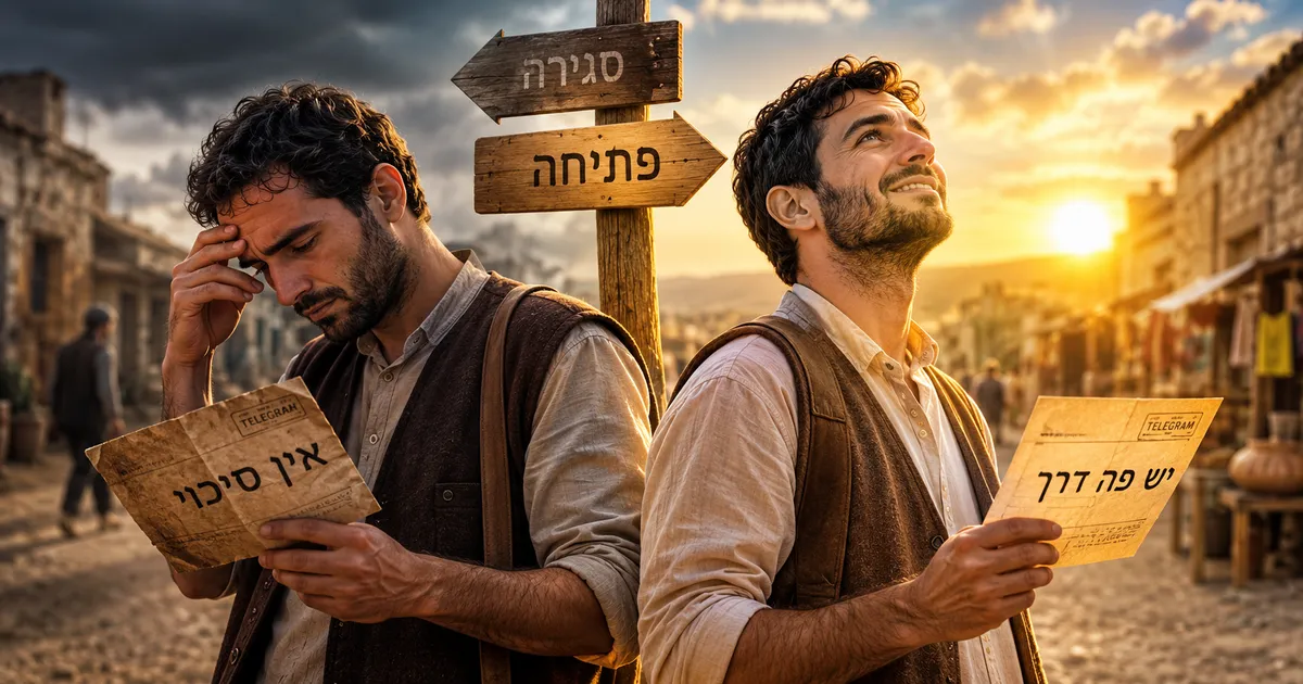 שני סוחרים בשוק ישן לאור שקיעה: אחד מרכין ראש מול מברק שכתוב בו 'אין סיכוי', והשני מרים מבט מחויך עם מברק 'יש פה דרך'; ביניהם שלט עץ עם חצים 'סגירה' ו'פתיחה'